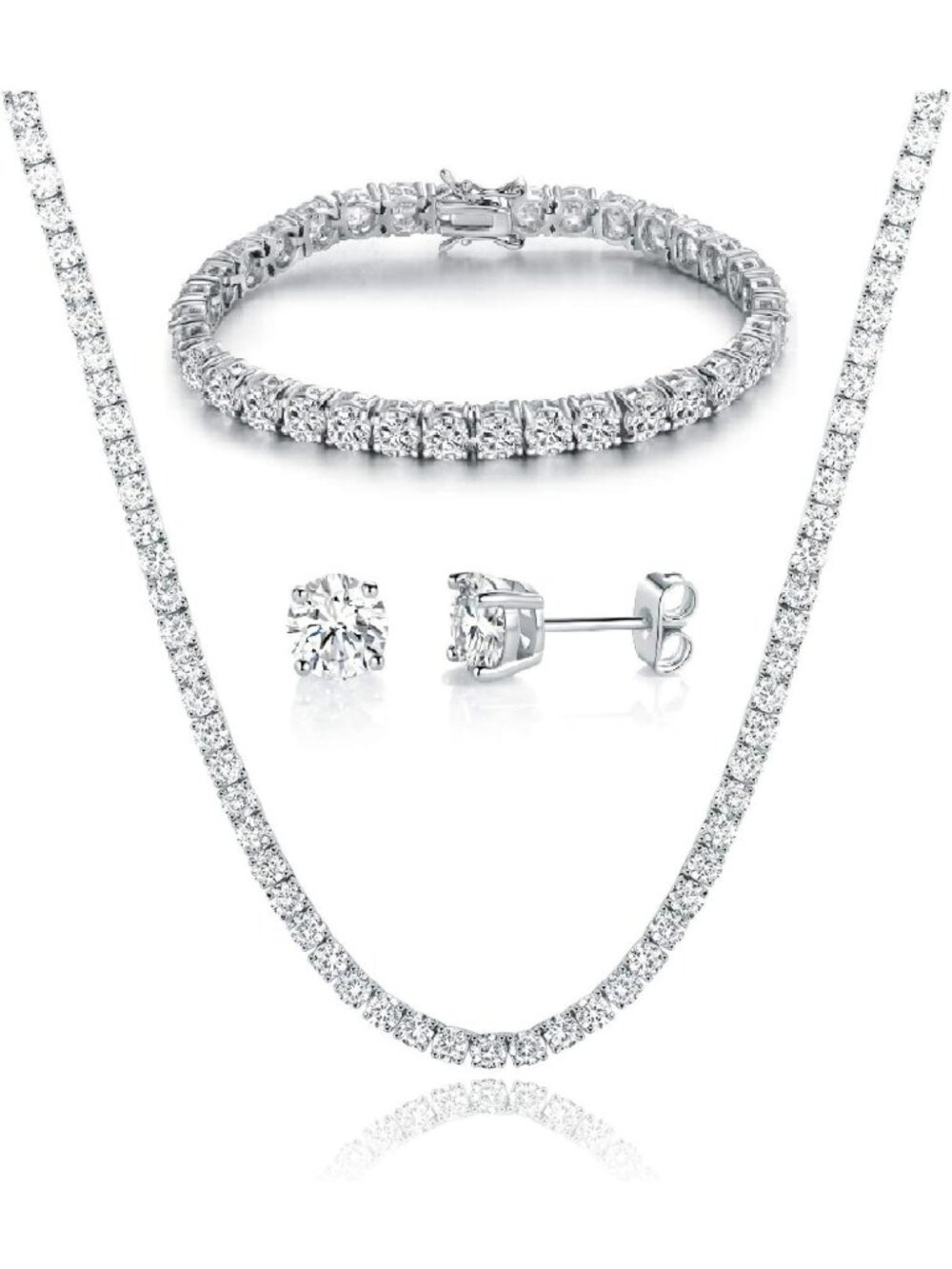 Elegant 18K White Gold Plated Tennis Jewelry Set - Necklace, Bracelet & Earrings